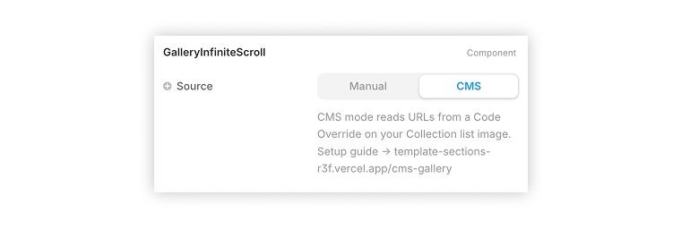 Big Hero Gallery Infinite Scroll properties panel: Source segmented control set to CMS.